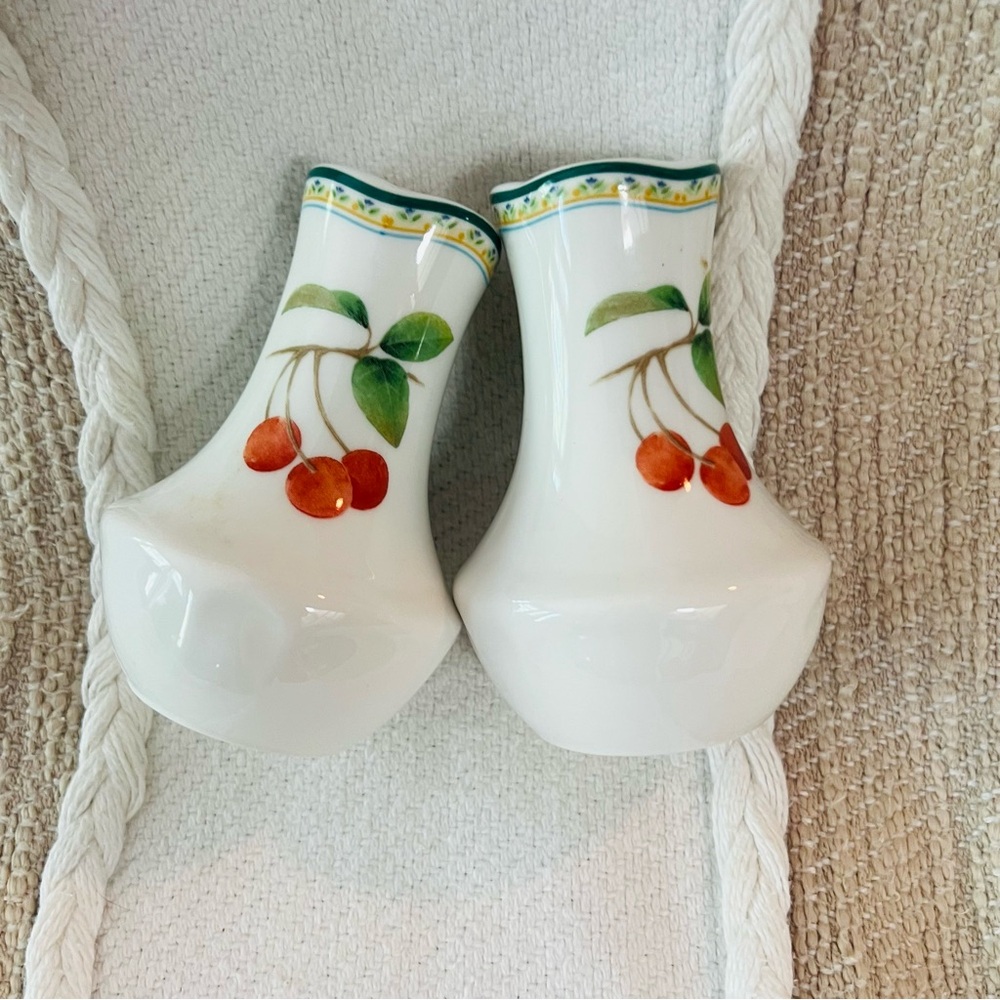 2 pc Salt & Pepper Set Noritake Orchard Valley by Epoch Fruit Yellow Stripes vtg